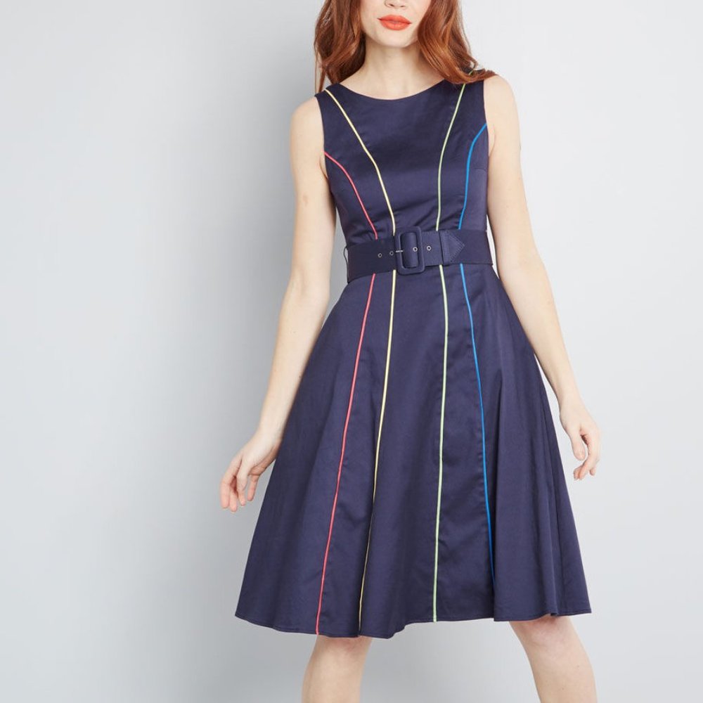 Modcloth Between The Lines Belted Navy Dress